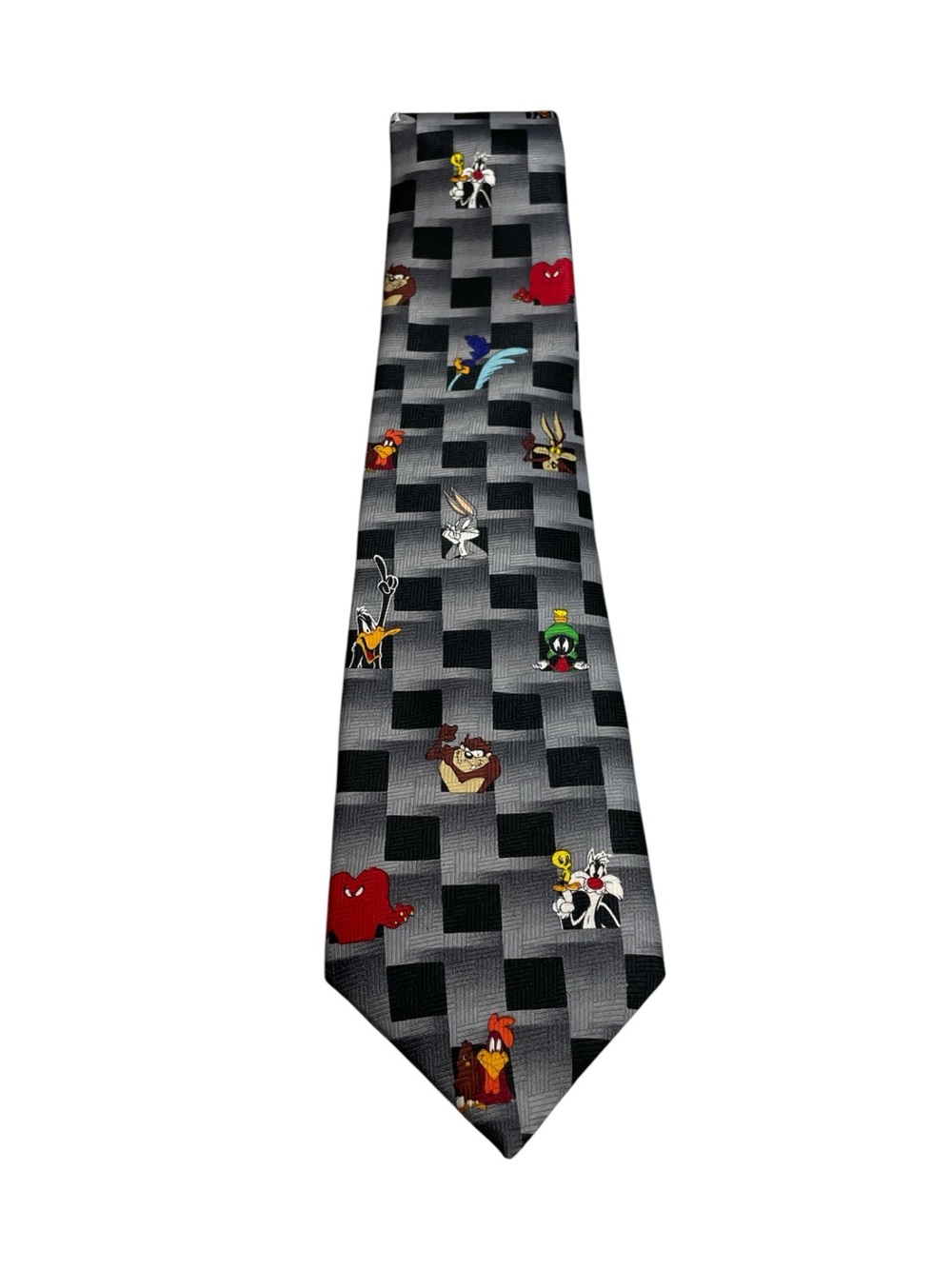Vintage Looney Tunes Checkerboard Novelty Tie Gray Black 90s